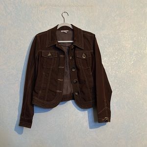 Dress barn, medium brown jean jacket with all buttons intact and pockets.